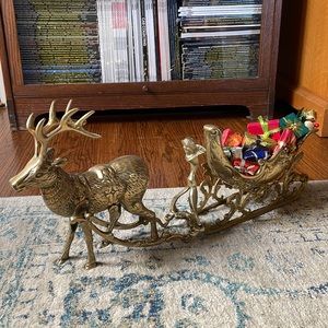 Brass vintage large heavy reindeer with sleigh